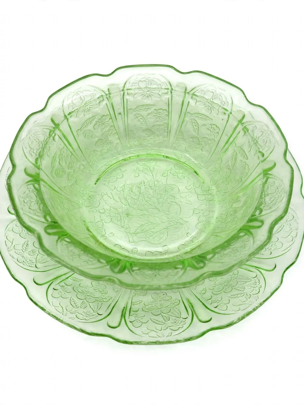 Vintage Anchor Hocking Cherry Blossom Uranium Glass 6pc Set 3 Bowl,3 Saucers Set